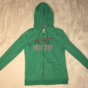 Hollister Zip-Up Hoodie, Green w/ Pink Logo